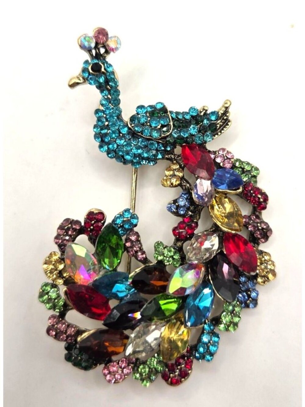 Multicolor Rhinestone Peacock Brooch  With Gold-Tone Metal Design